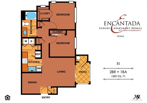 Encantada Peoria B1 floor plan of a 2 bedroom unit with a single bathroom and a living room